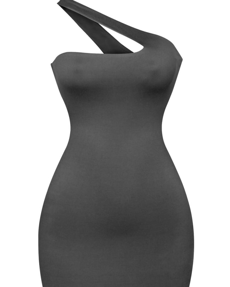 Front of a model wearing a size L One Shoulder Mini Dress in Black in Black by Tresser. | dia_product_style_image_id:345655